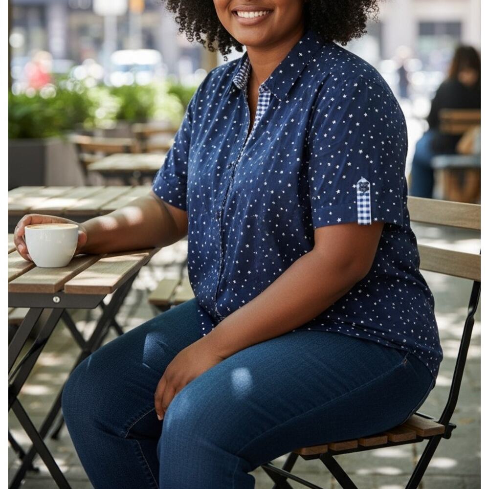 ERIKA Blue Star and Gingham Print Short Sleeve Button Up Blouse – Size 2X
